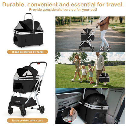 3-in-1 Pet Stroller for Dogs & Cats – Detachable, Foldable Travel Cart for Small to Medium Pets – Black Jogger for Dogs, Cats, and Rabbits