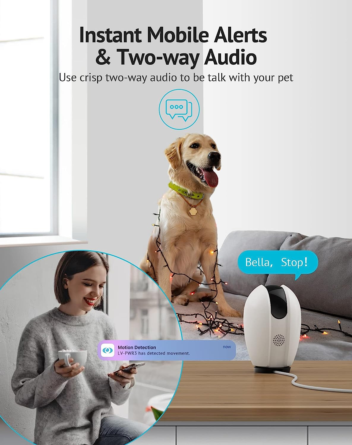 1080P Indoor Security Camera - 360° Home Security Camera with Sound & Motion Detection, WiFi Pet Monitor, 2-Way Audio, Night Vision, SD & Cloud Storage, Compatible with Alexa