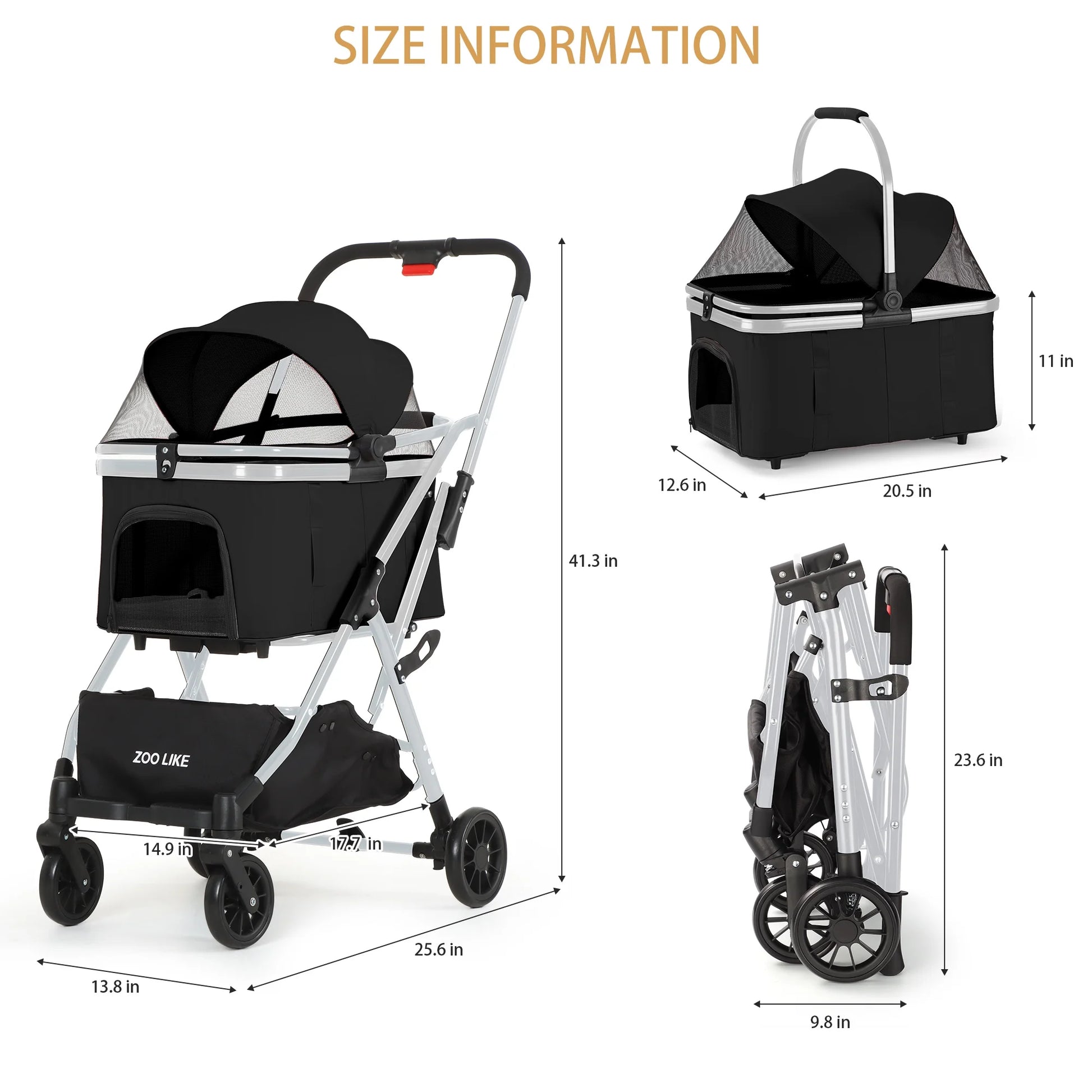 3-in-1 Pet Stroller for Dogs & Cats – Detachable, Foldable Travel Cart for Small to Medium Pets – Black Jogger for Dogs, Cats, and Rabbits