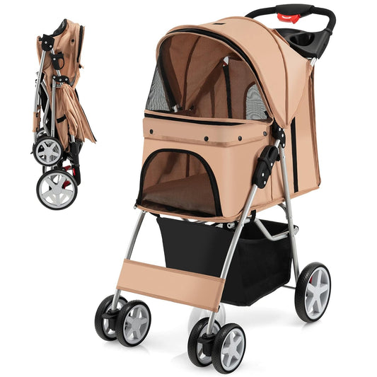 Folding Dog Stroller for Small & Medium Dogs and Cats - 4 Lockable Wheels, Travel Carrier with Safety Belt, Removable Liner, and Storage Basket (Beige)